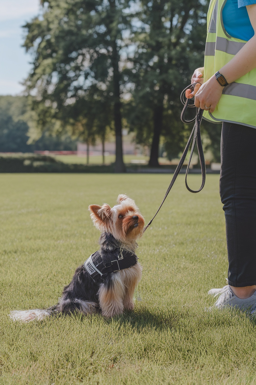 A Yorkie Poo sitting on grass while being held on a leash by a person in a bright vest.