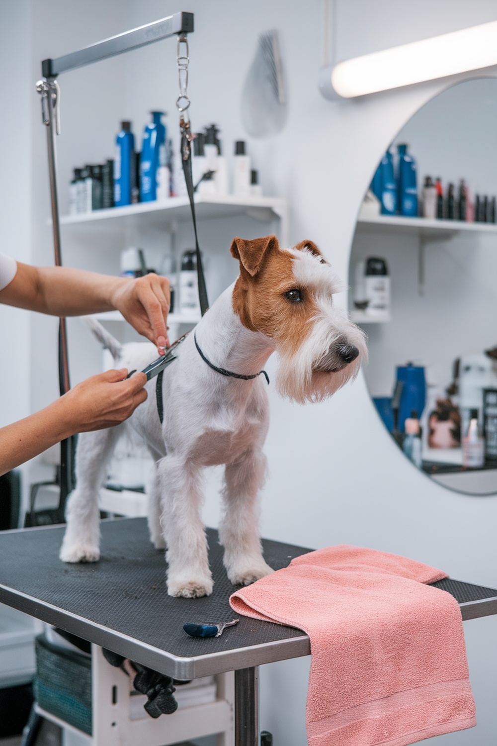 A Wire Fox Terrier being groomed at a salon.