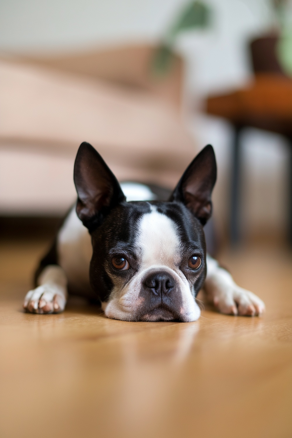 A Boston Terrier lying on a wooden floor, looking relaxed.
