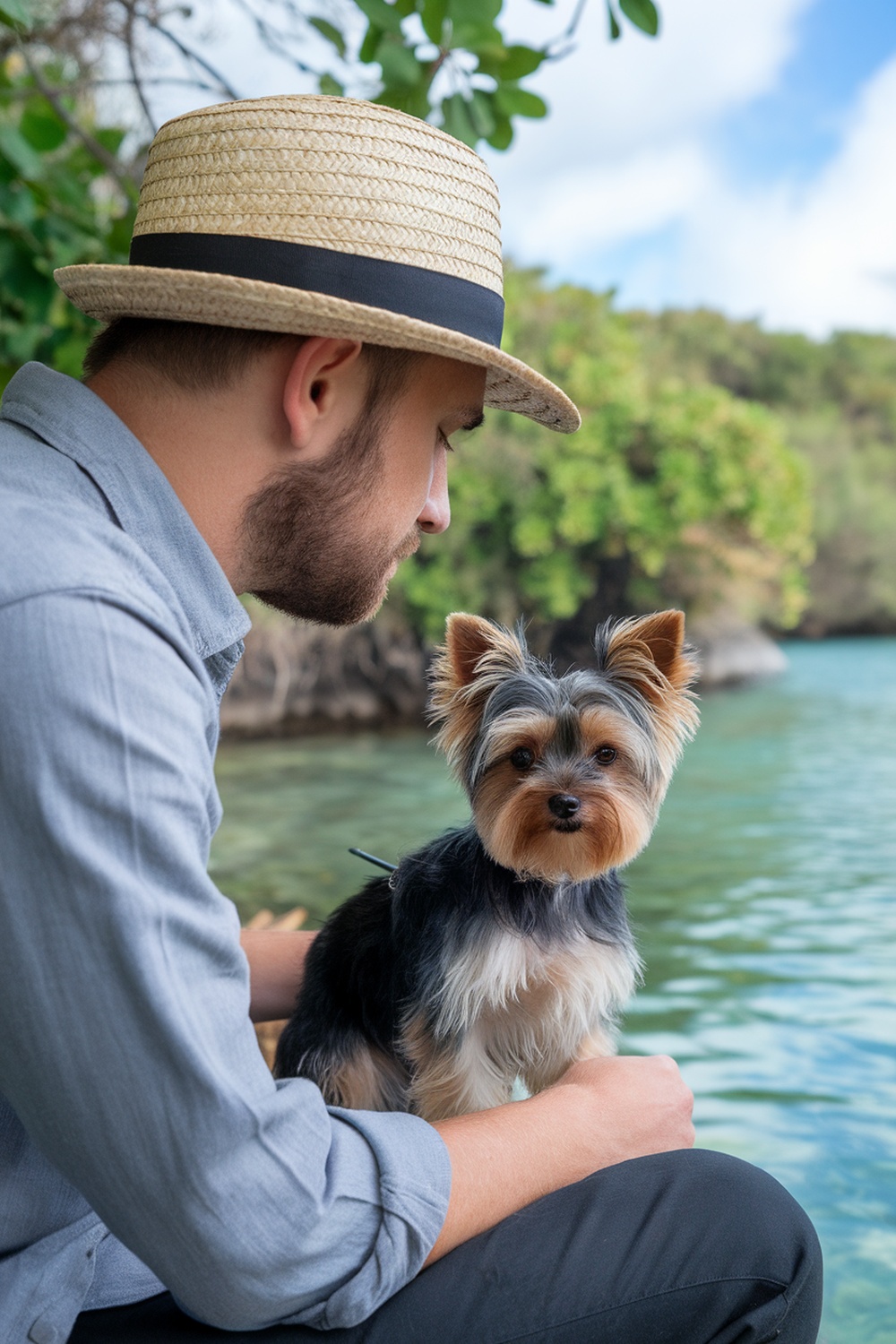 A man sitting by the water with a Yorkie Poo dog.