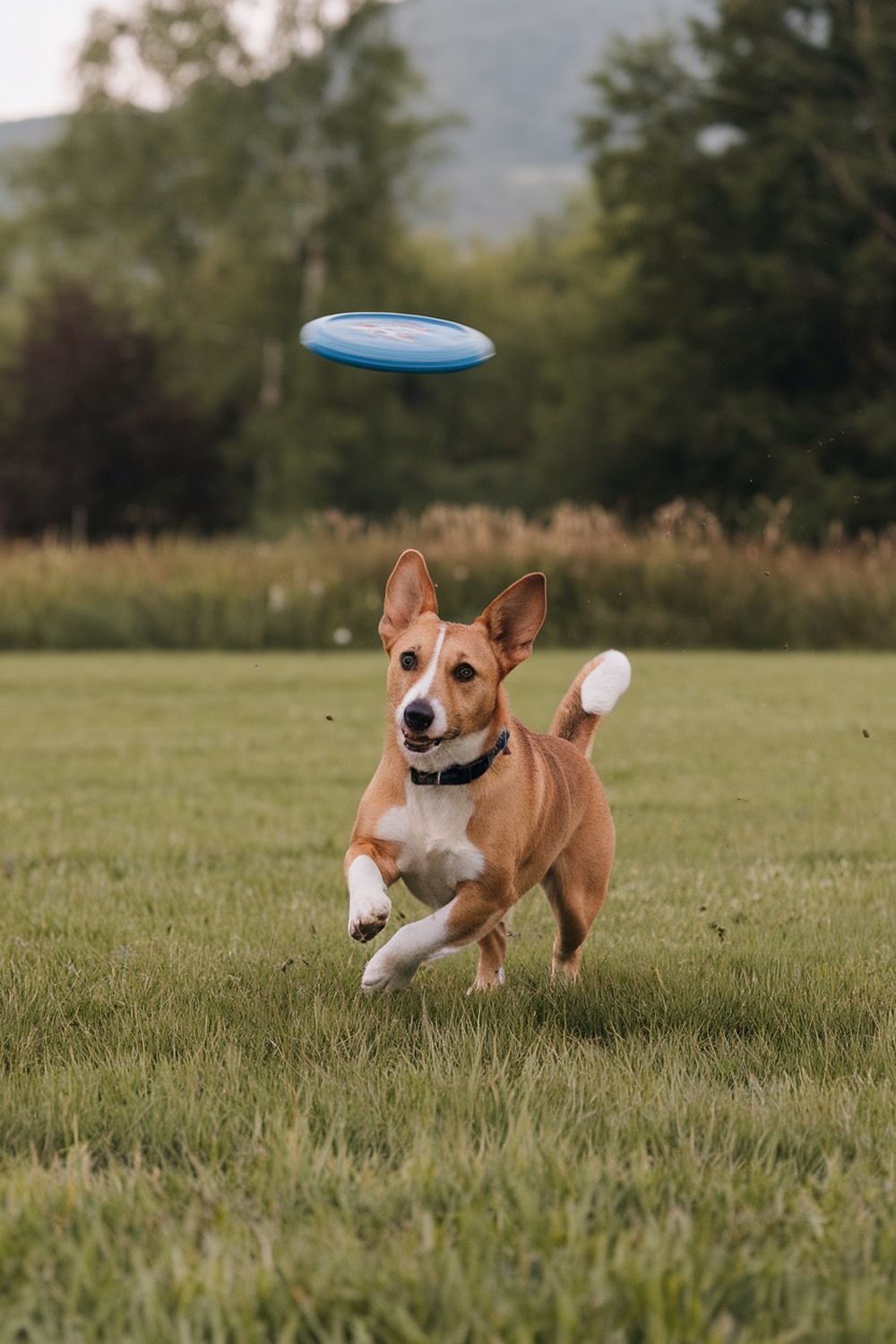 A playful dog running with a frisbee in a grassy field.