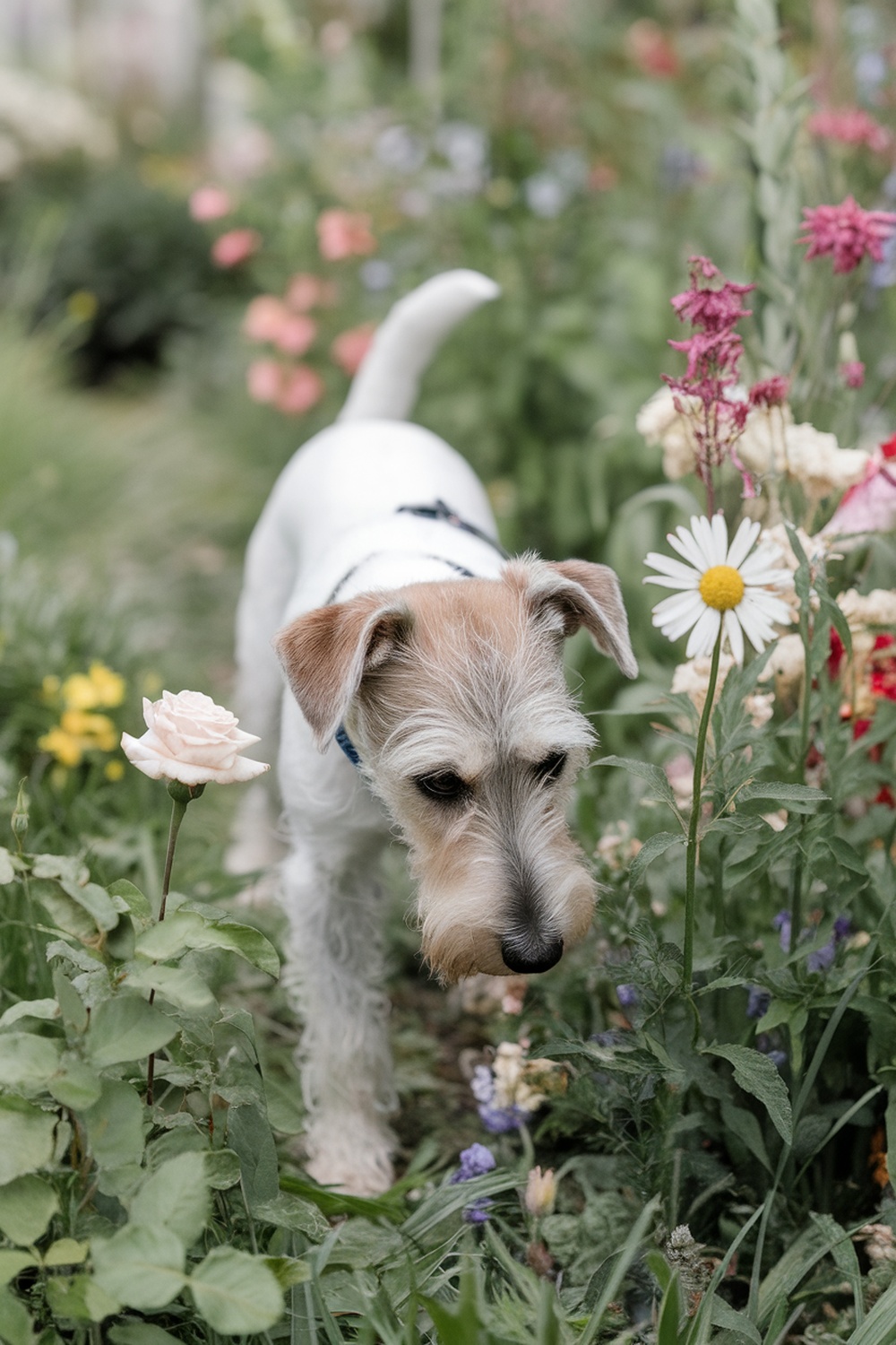 A Wire Fox Terrier exploring a garden filled with flowers.