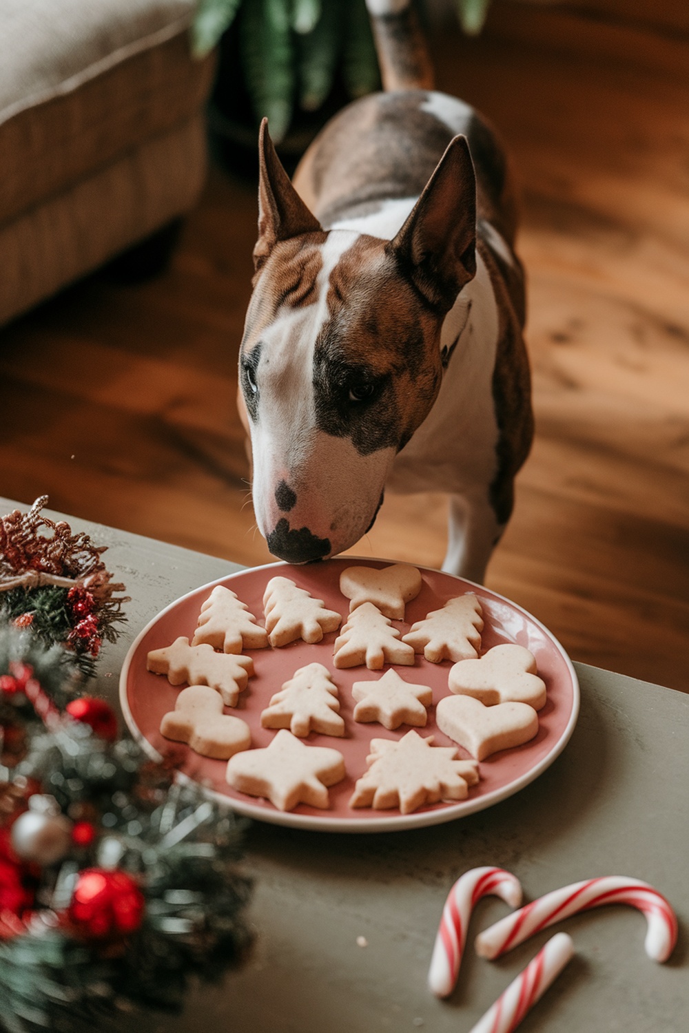 Bull Terrier looking at a plate of holiday cookies