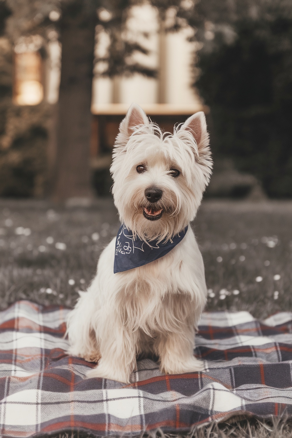 A West Highland White Terrier sitting on a blanket, wearing a blue bandana.