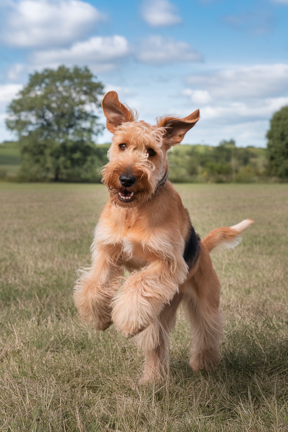 Airedale and Jack Russell Terrier mix playing in a field.