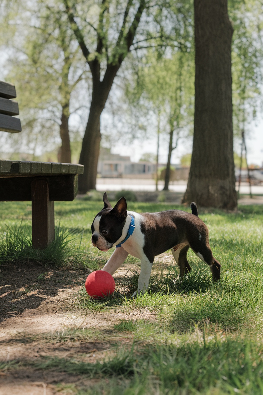 A Boston Terrier puppy playing with a red ball in a park.