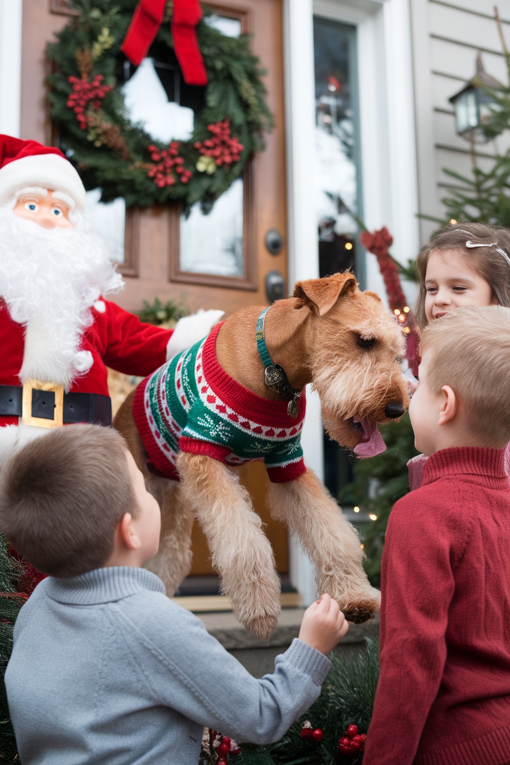 Airedale Terrier wearing a festive sweater with children and Santa decoration.