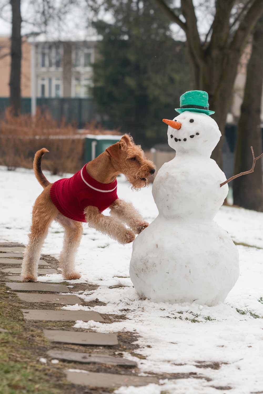Airedale Terrier in a red sweater playing near a snowman