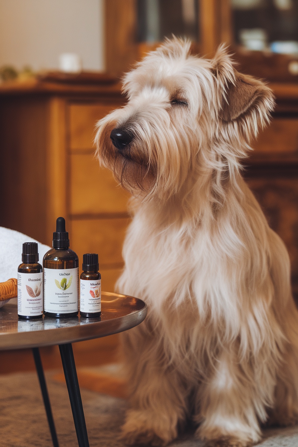 A Wheaten Terrier sitting beside various bottles of oils for grooming.