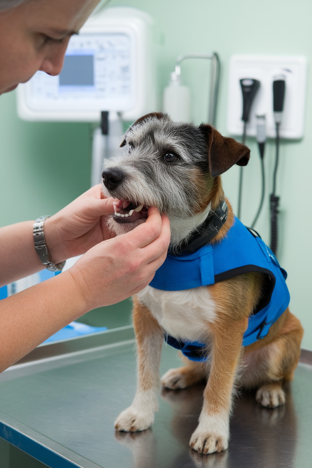 A Border Terrier receiving a check-up at the vet.
