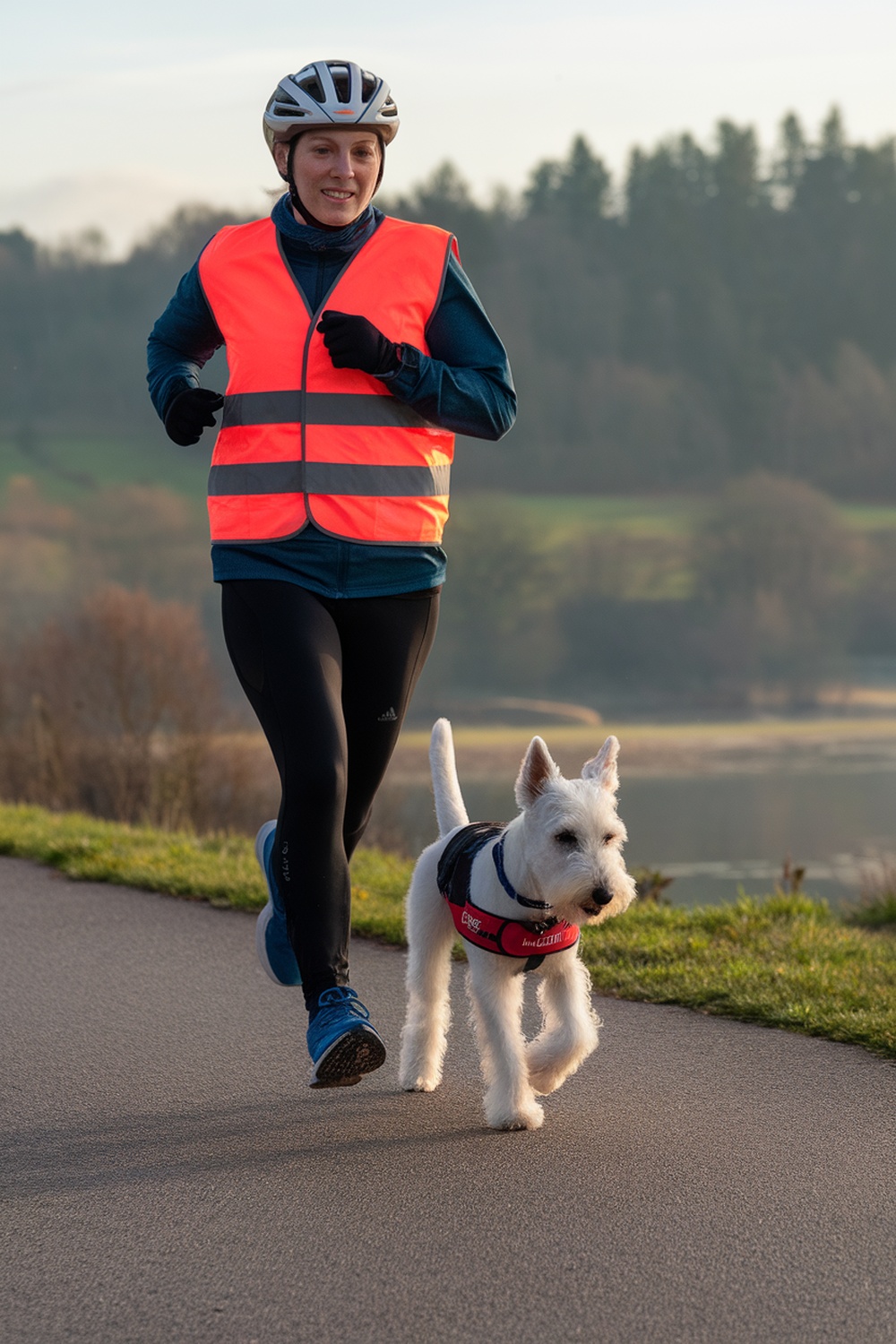 A person jogging with a Wire Fox Terrier on a path