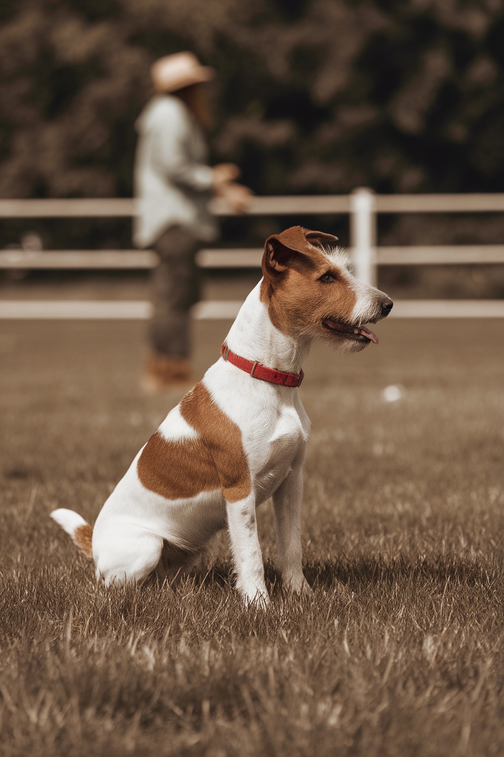 A Wire Fox Terrier sitting on grass, looking alert and attentive.