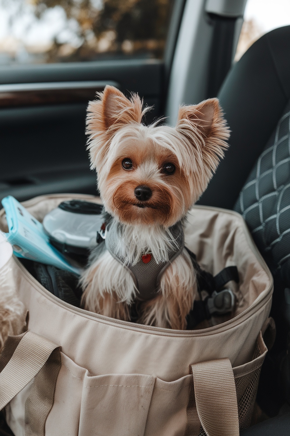 A Biewer Yorkie in a carrier inside a car.