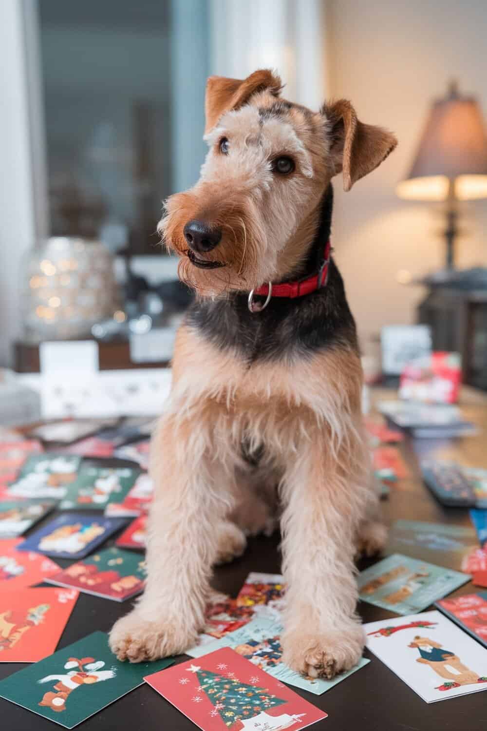 Airedale Terrier sitting among colorful holiday cards