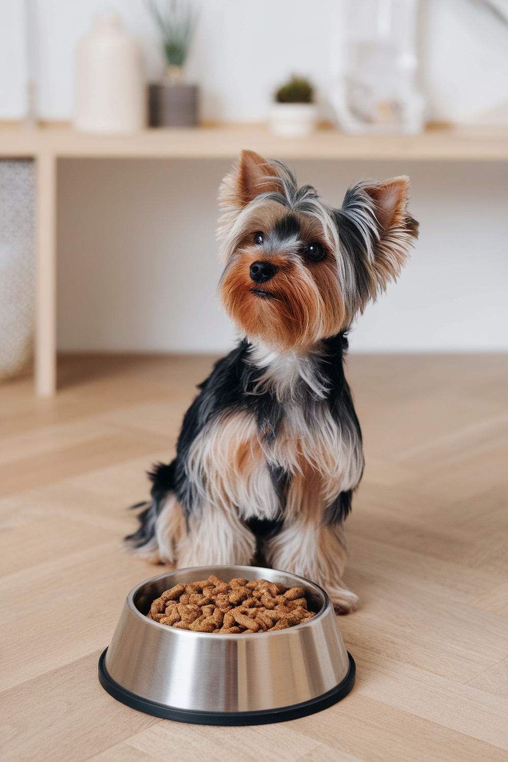 A Yorkie Poo sitting next to a bowl of dog food.