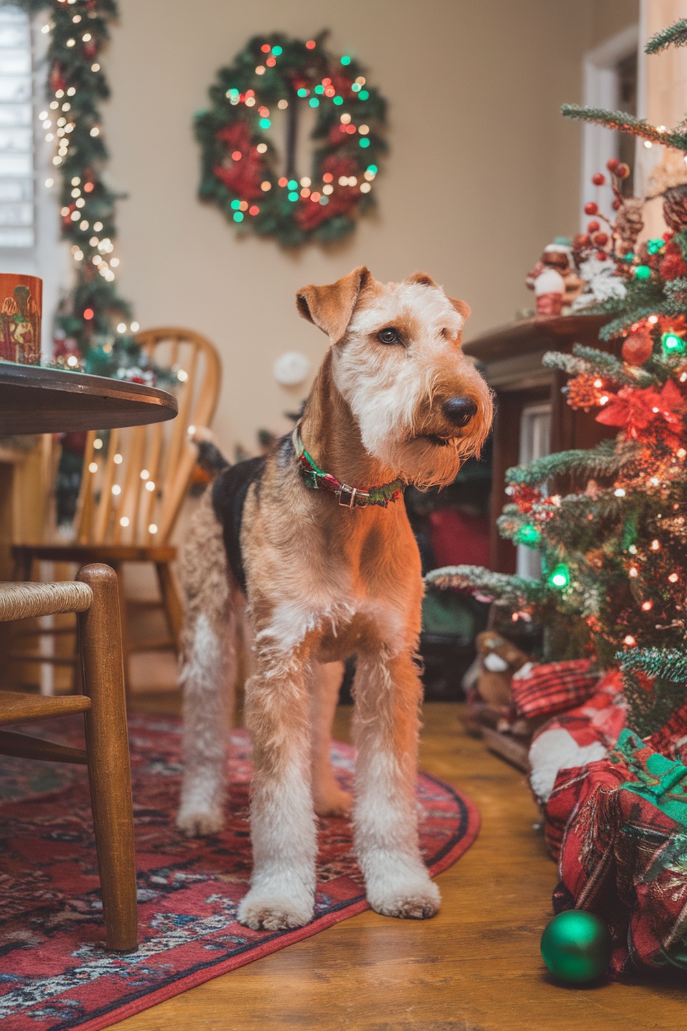 Airedale Terrier standing near a decorated Christmas tree and festive wreaths.