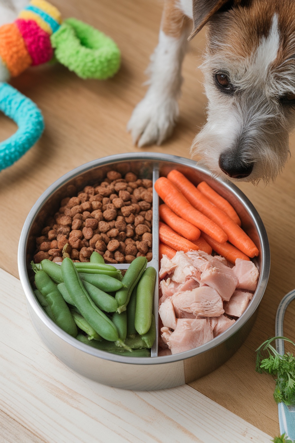 A bowl of dog food divided into sections with kibble, carrots, green beans, and chicken.