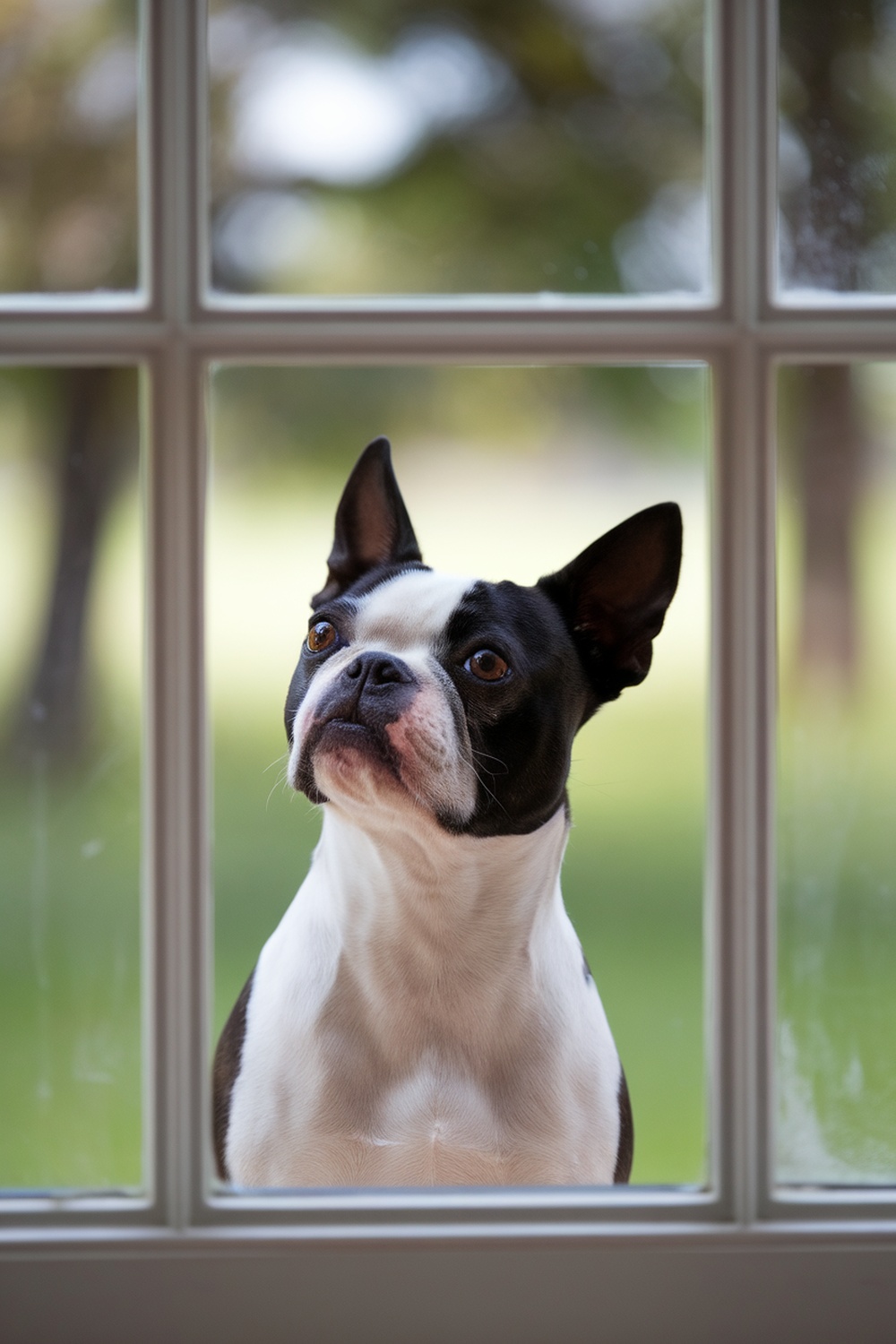 A Boston Terrier looking out a window, alert and attentive.