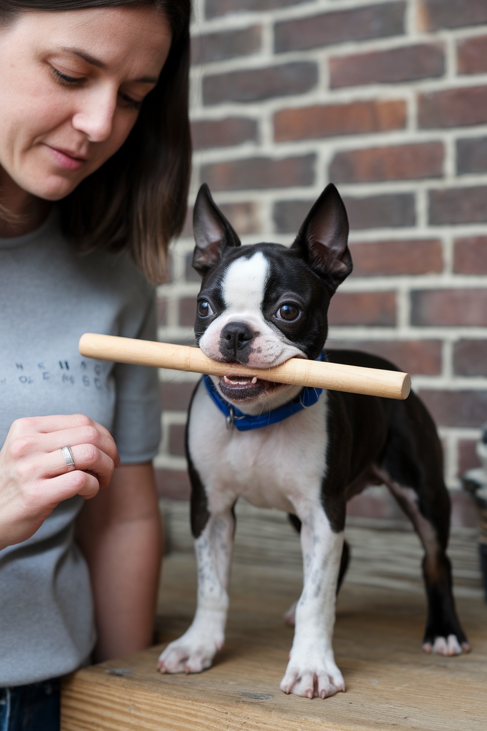 A Boston Terrier puppy playfully holding a stick while a person interacts with it.