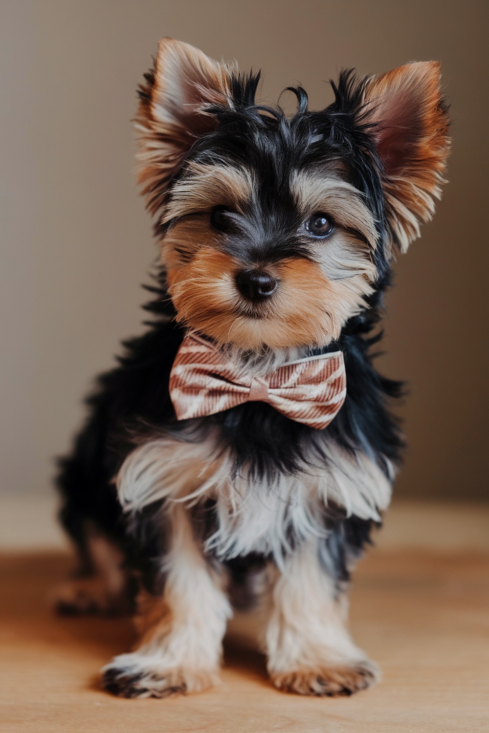 A cute Yorkie puppy wearing a bowtie, showcasing its fluffy fur and bright eyes.