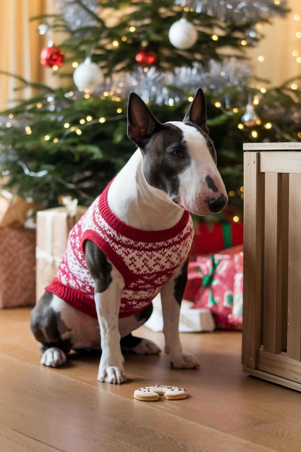 Bull Terrier in a red sweater sitting near a Christmas tree with a cookie on the floor.