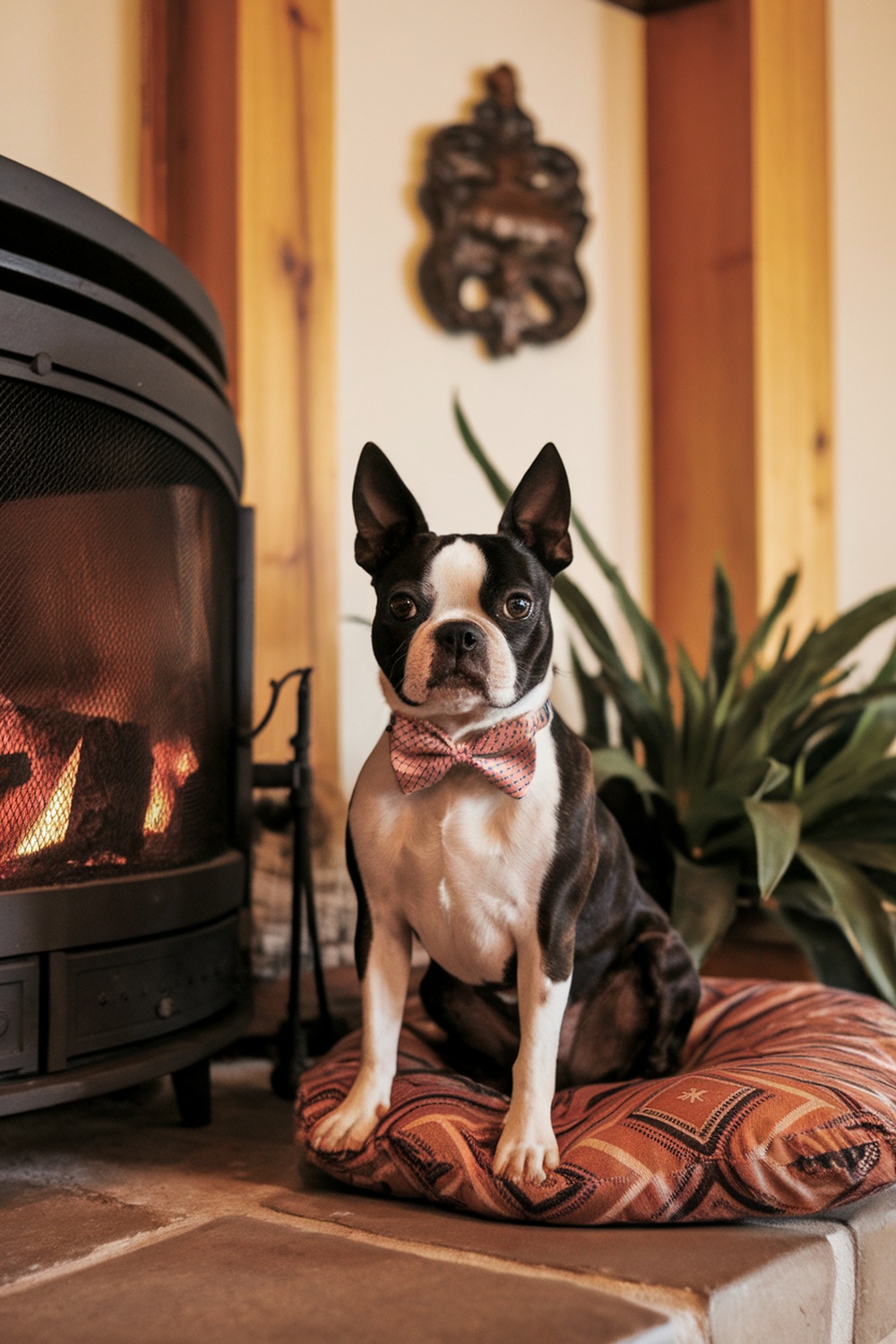 A Boston Terrier sitting on a cushion near a fireplace, wearing a bow tie.