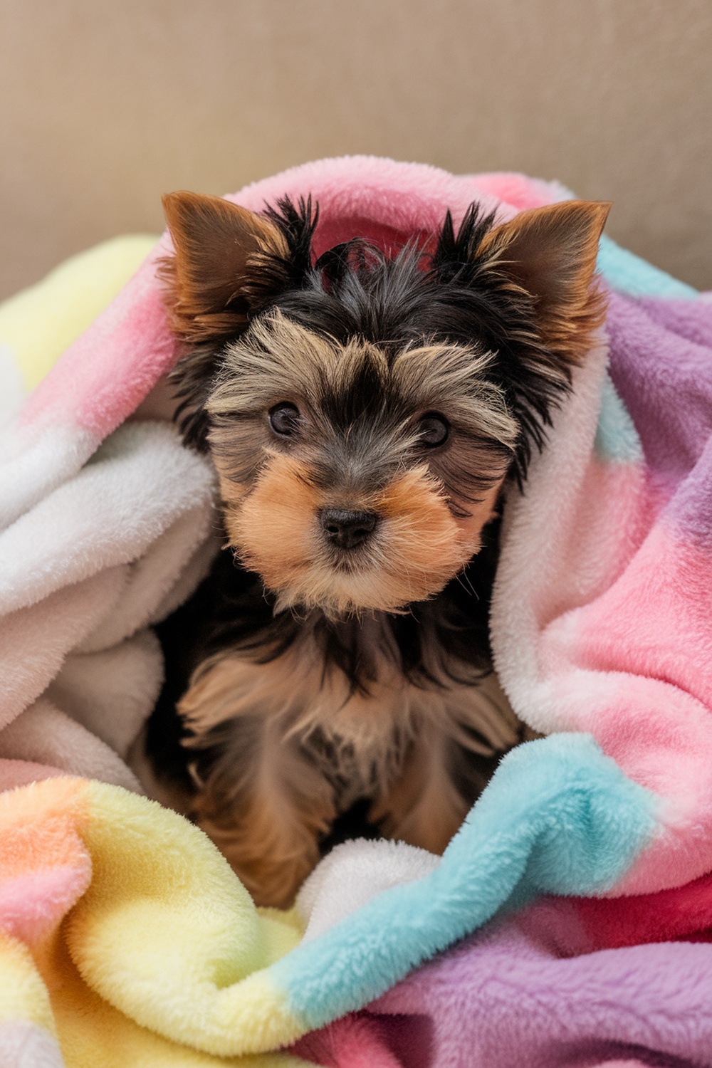 A Yorkie puppy wrapped in a colorful blanket, looking adorable and cozy.