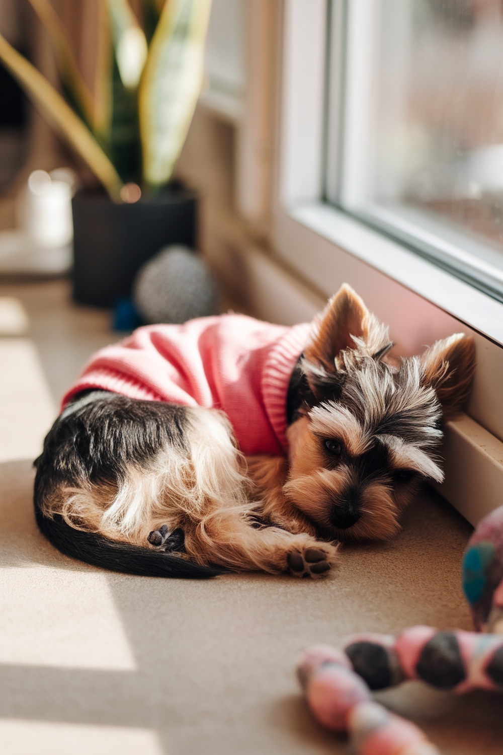 A Yorkie puppy girl napping in a pink sweater by the window.