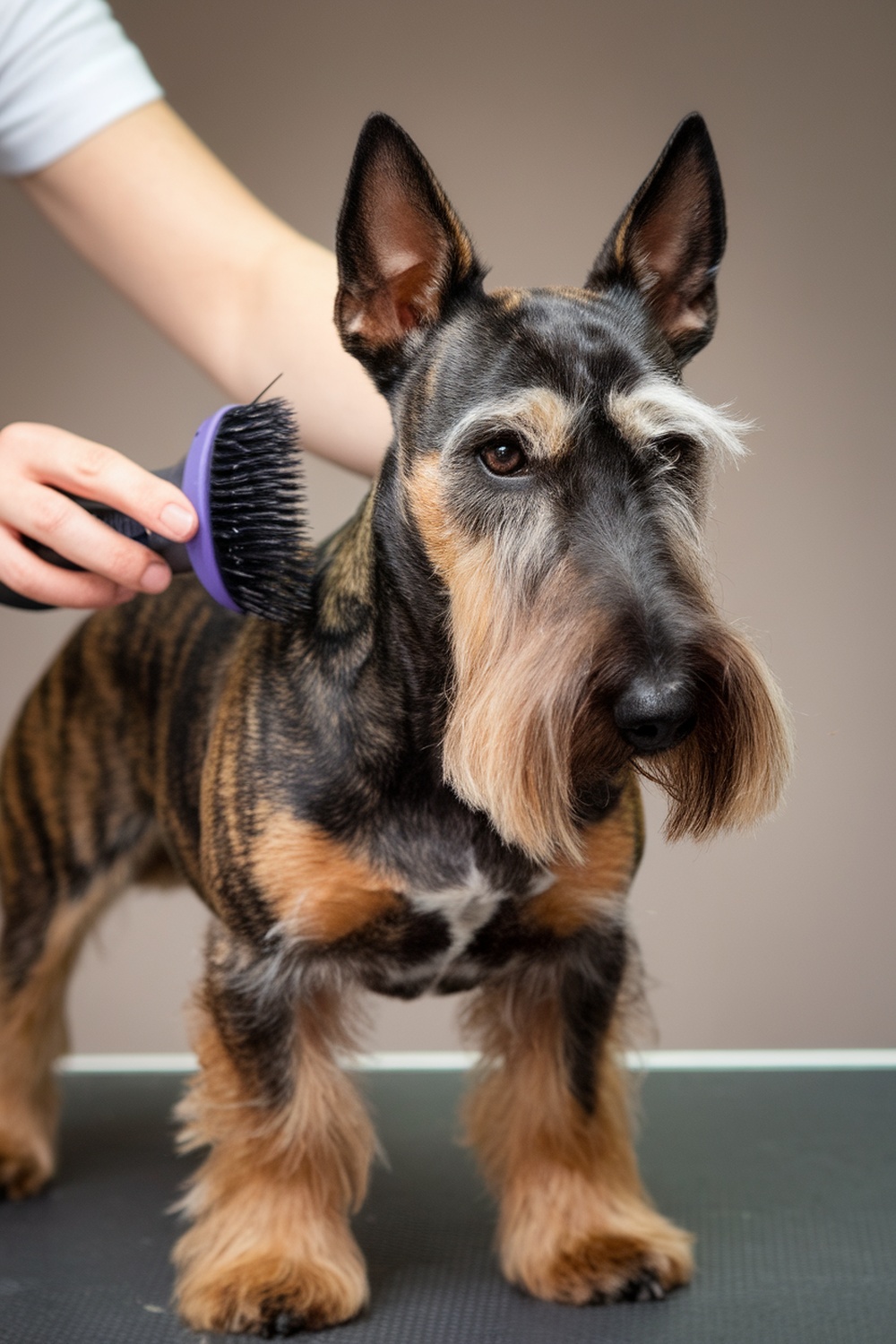 A person brushing the coat of an Irish Terrier.