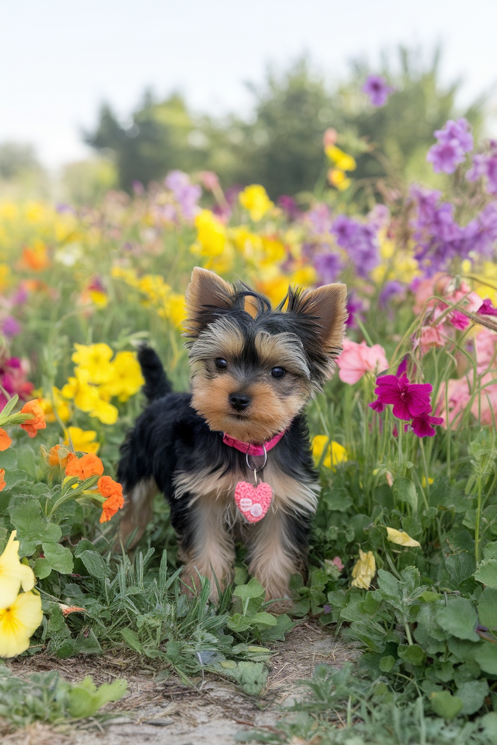 A playful Yorkie puppy standing in a vibrant flower field.