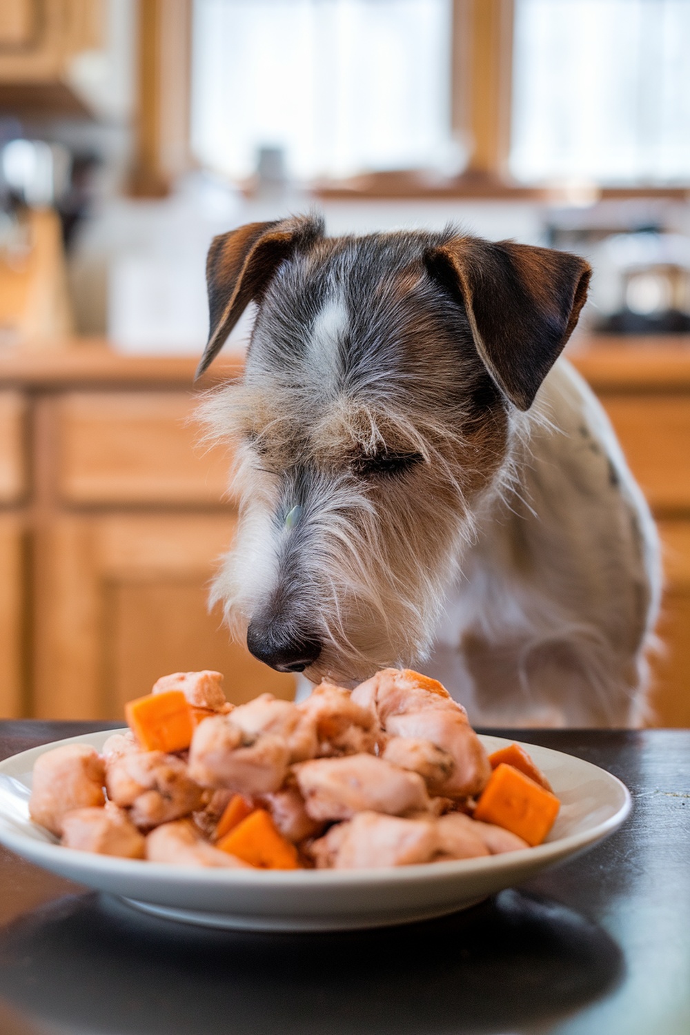 A terrier dog eagerly looking at a plate of chicken and sweet potato chews.