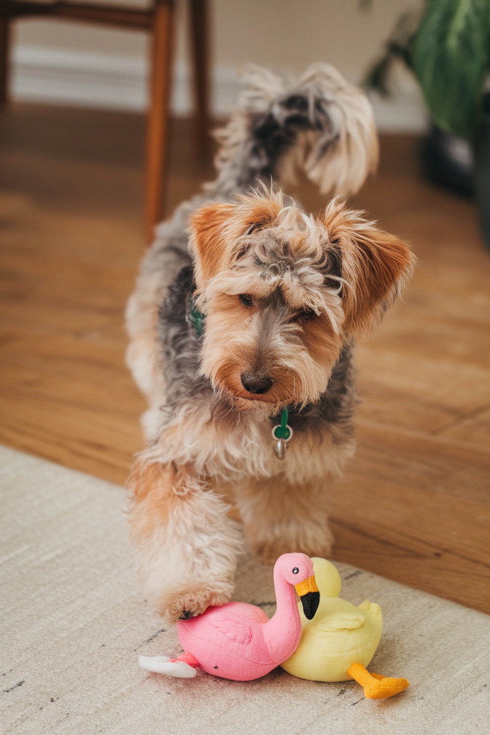 Airedale and Shih Tzu mix playing with toys
