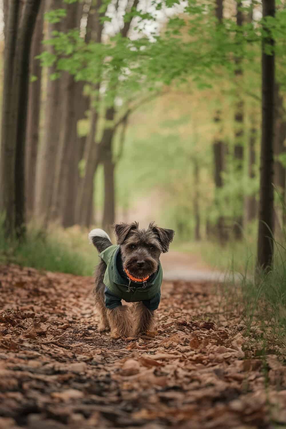 A Border Terrier walking on a leaf-covered path in a forest