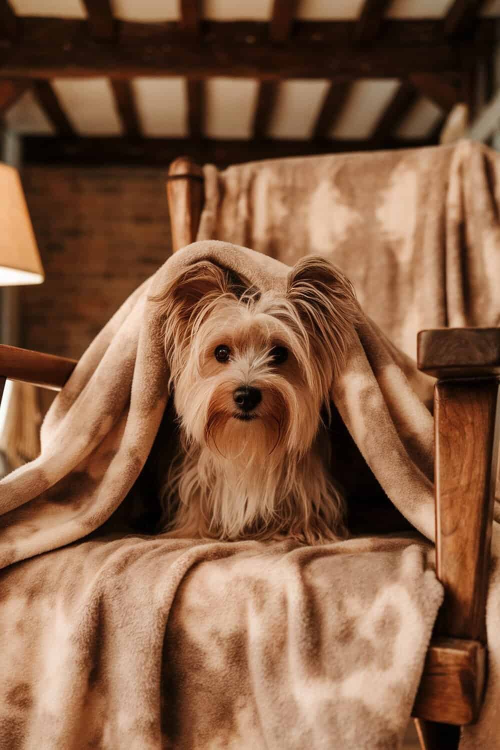 A Chorkie dog with long fur sitting on a chair, partially covered by a blanket.