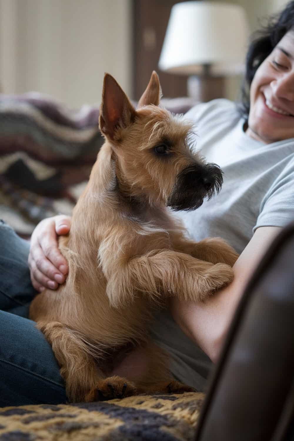 A person cuddling a Scottish Terrier puppy on a couch.