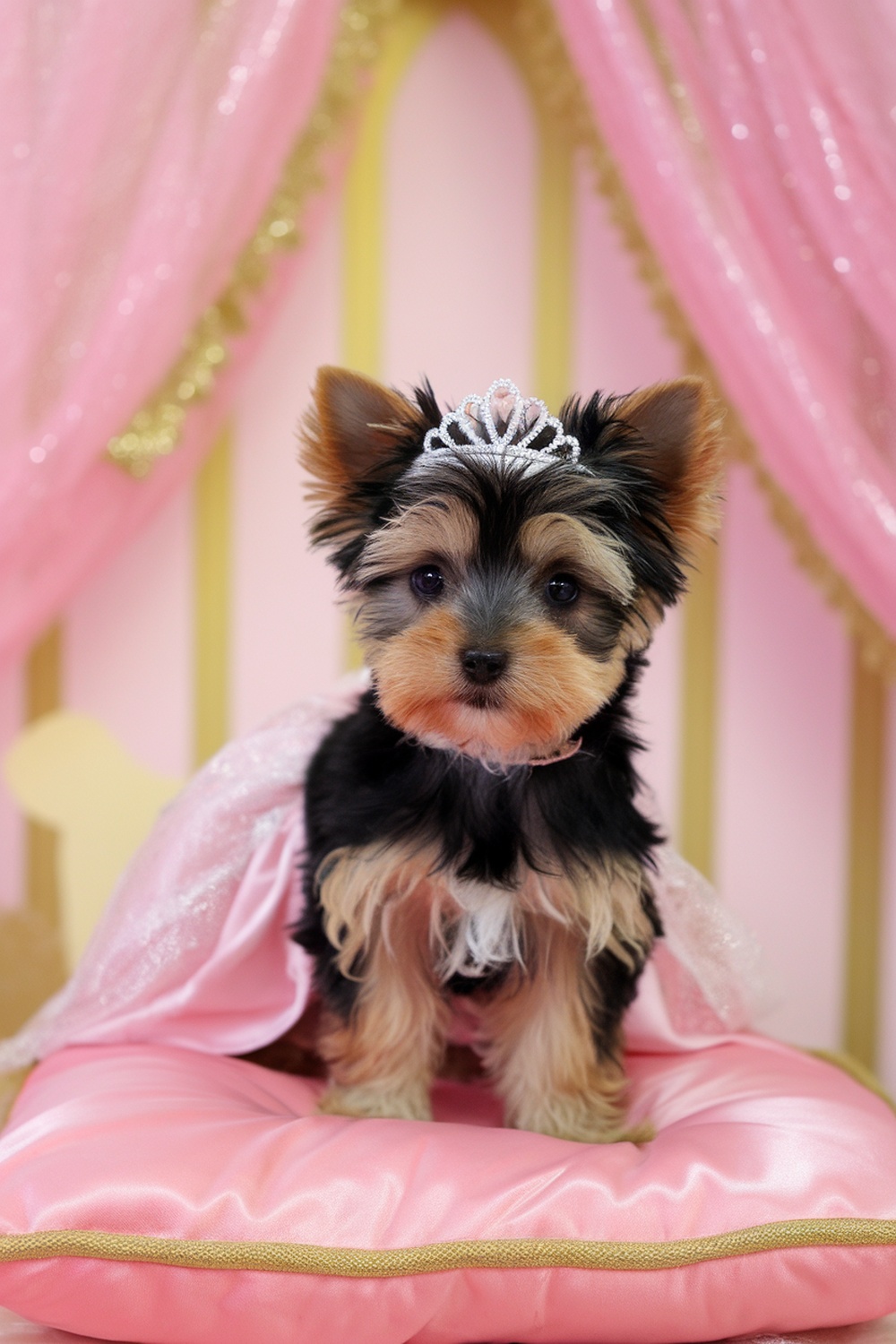 Yorkie puppy girl in a princess costume with a tiara and pink gown.