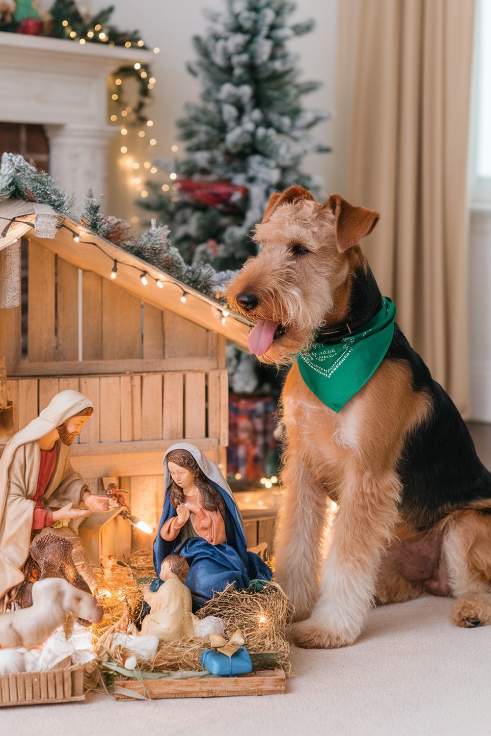 Airedale Terrier sitting by a Nativity scene, wearing a green bandana, with Christmas decorations in the background.