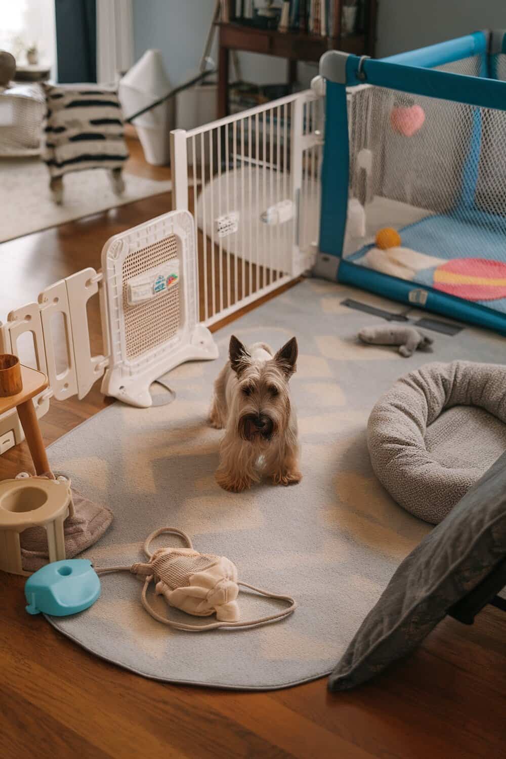 A cozy puppy area with toys and a bed, perfect for a Scottish Terrier.