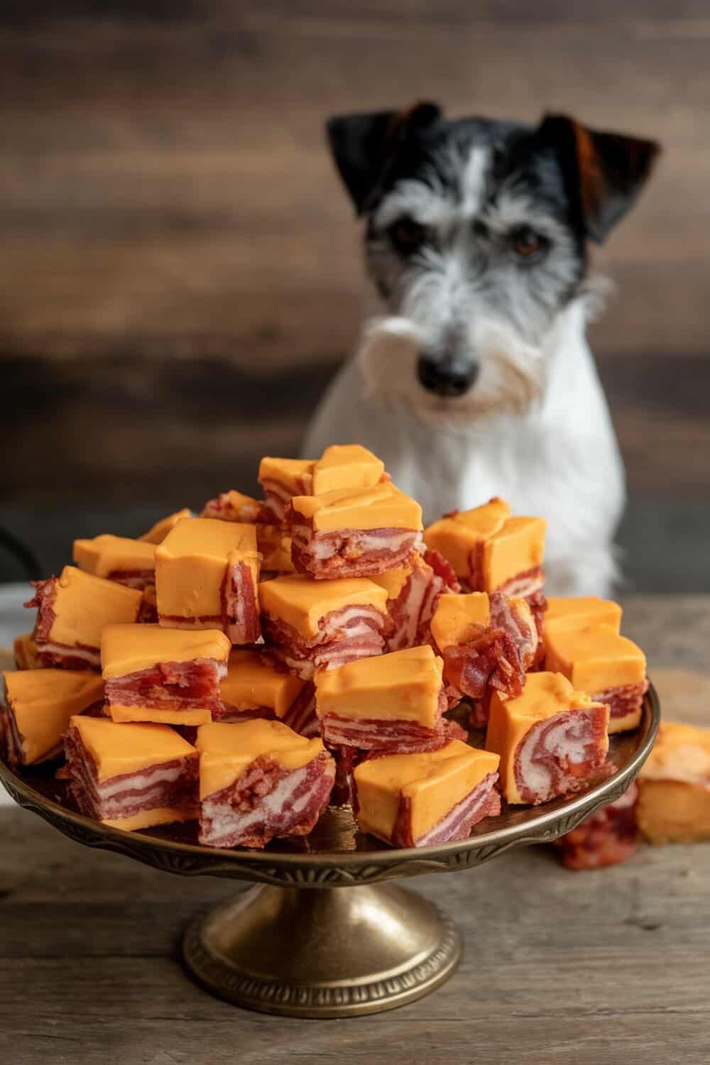 A plate of cheddar and bacon bites with a dog in the background.