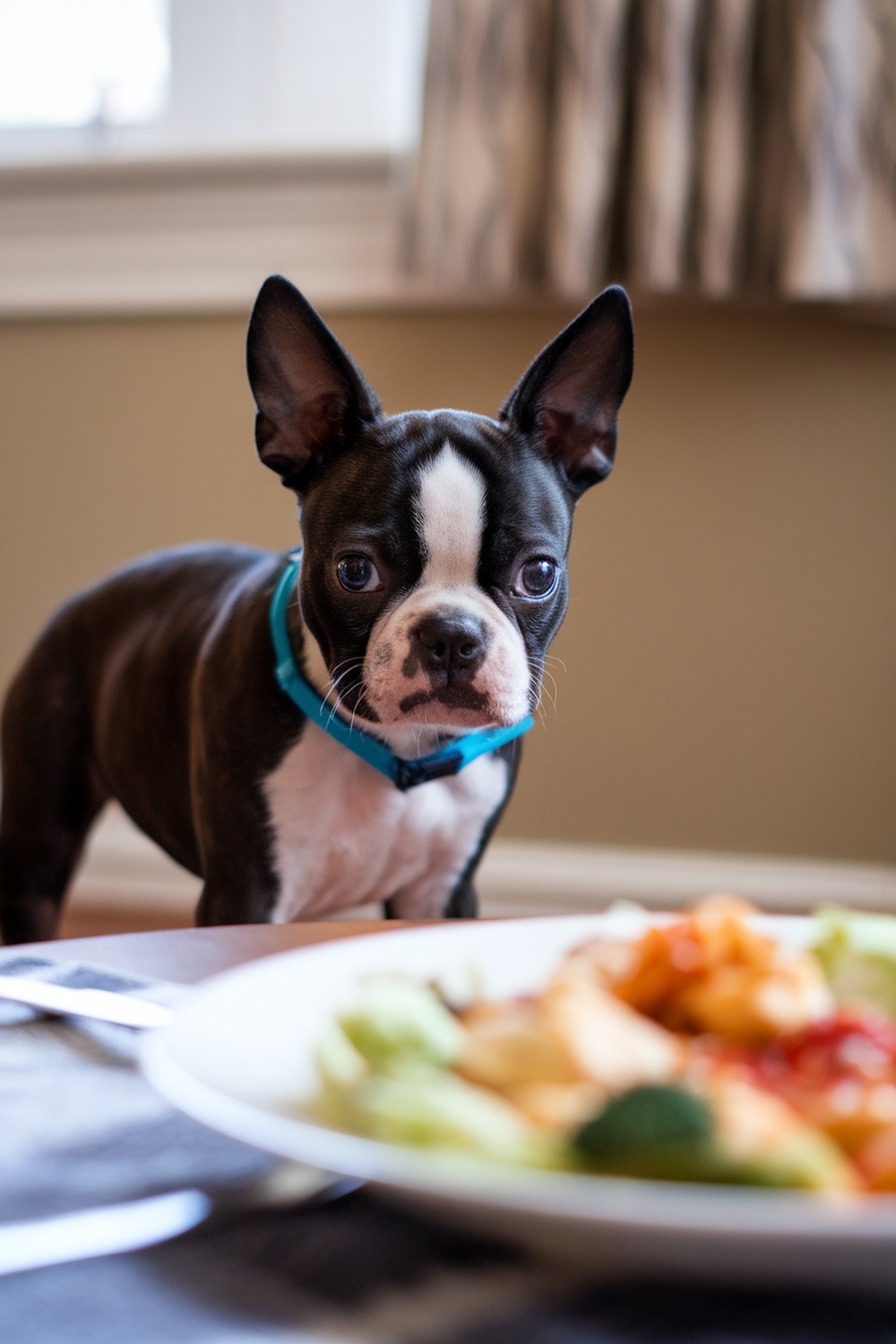 A Boston Terrier puppy looking at a plate of food on a table.