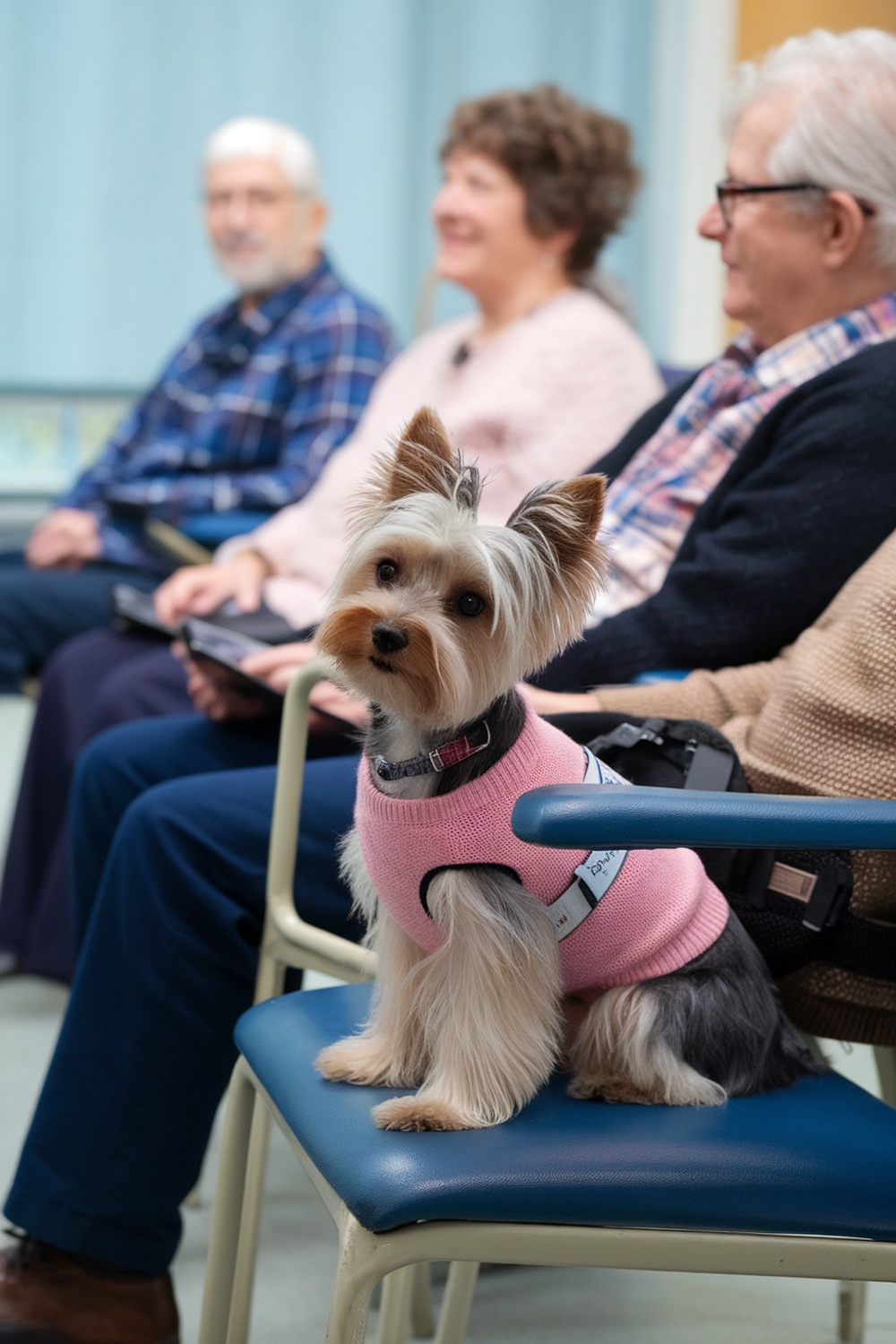 A Biewer Yorkie in a pink sweater sitting on a chair, with people in the background.