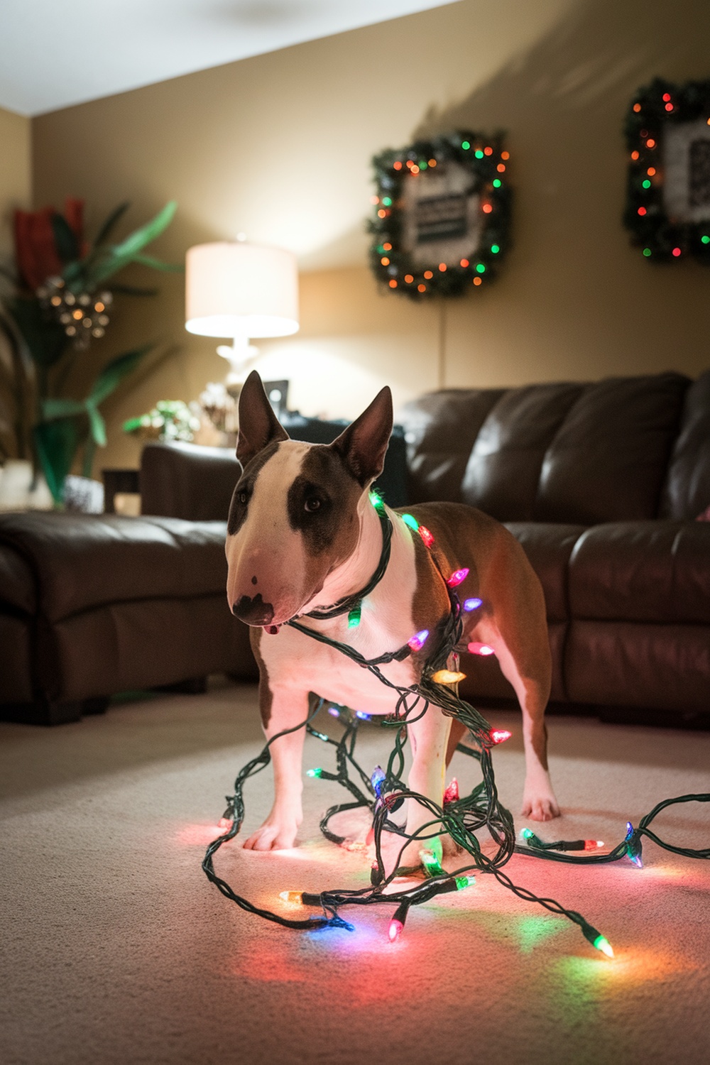 Bull Terrier wrapped in colorful Christmas lights, standing in a cozy living room.