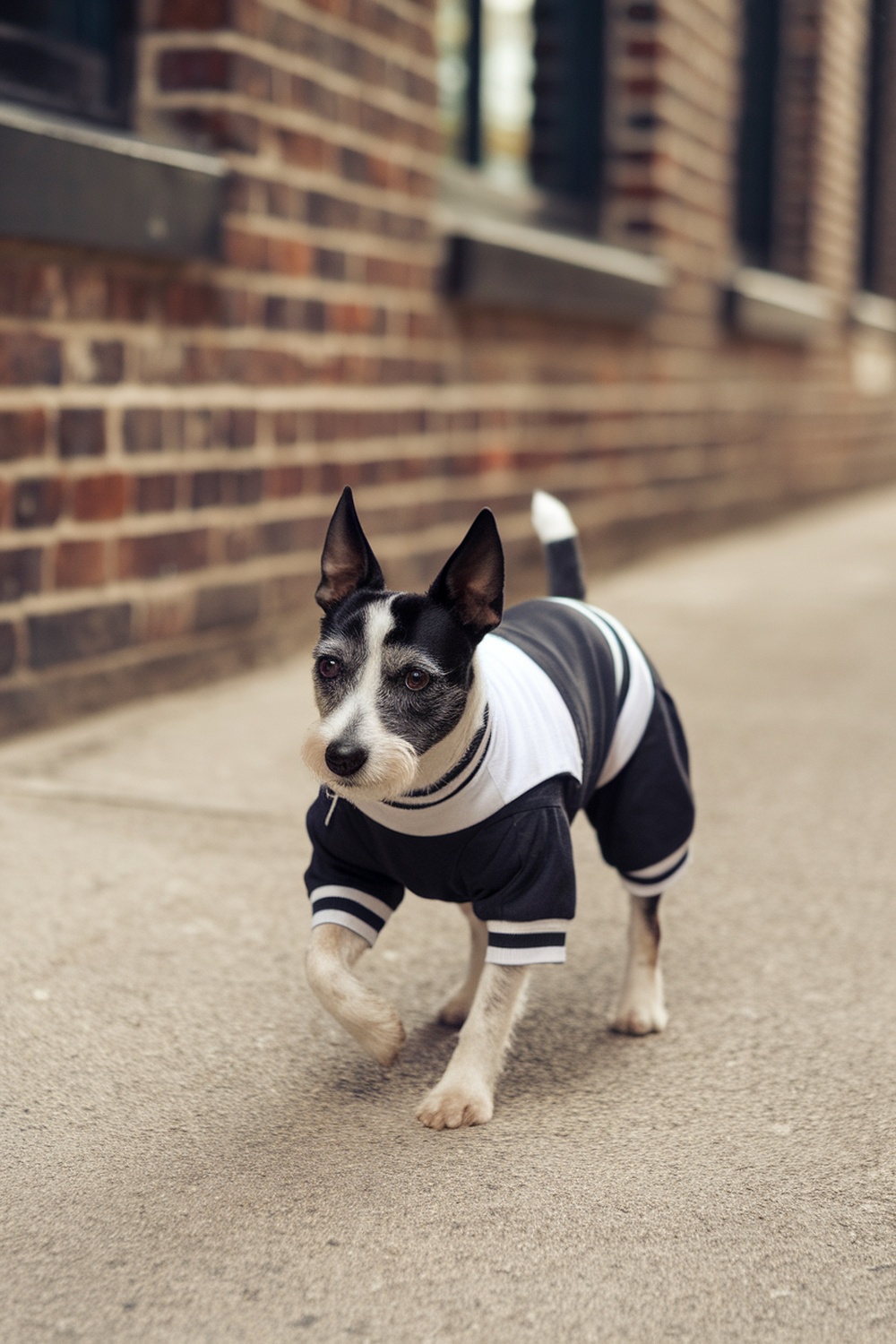 A Manchester Terrier walking on a sidewalk, showcasing its sleek appearance.