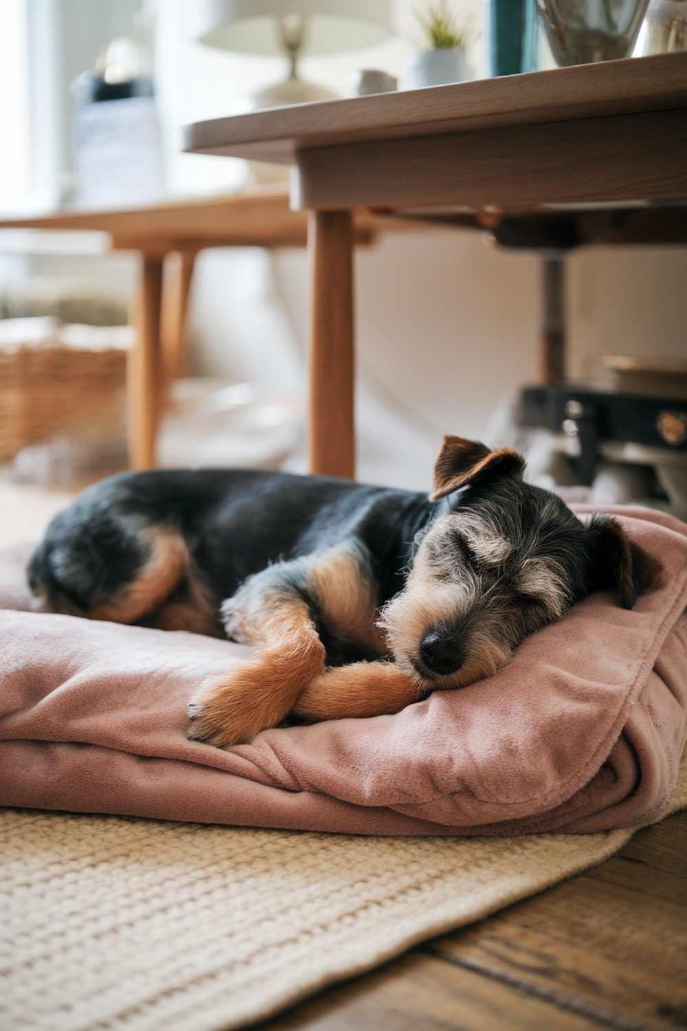 A Glen of Imaal Terrier sleeping on a cozy bed.
