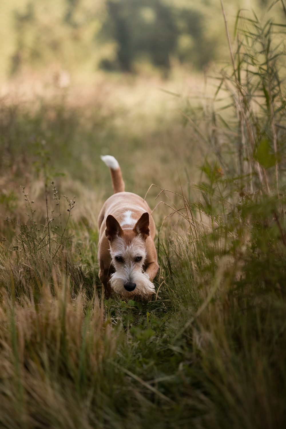 An Irish Terrier walking through tall grass, showcasing its hunting instincts.