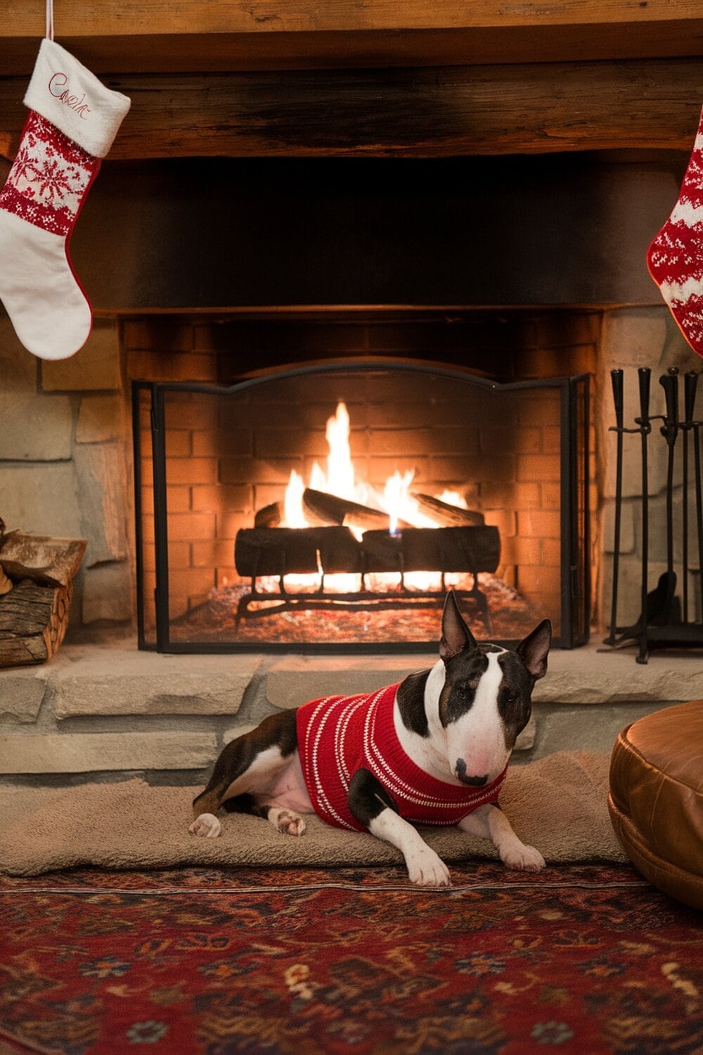Bull Terrier in a red sweater lying in front of a cozy fireplace with stockings hanging