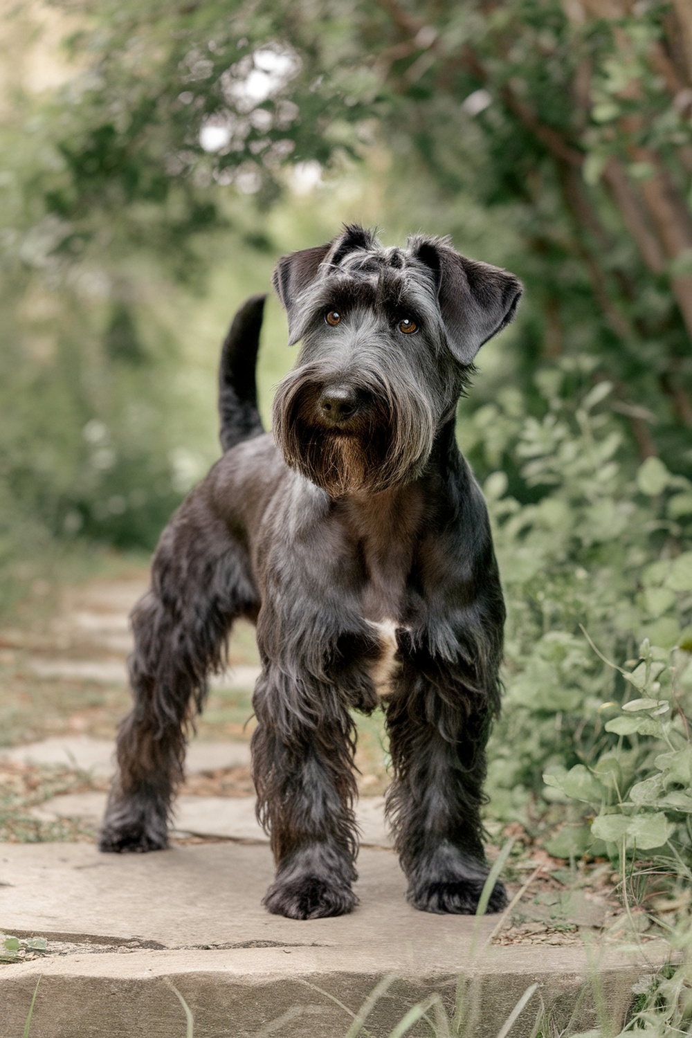 A Kerry Blue Terrier standing on a stone path surrounded by greenery.