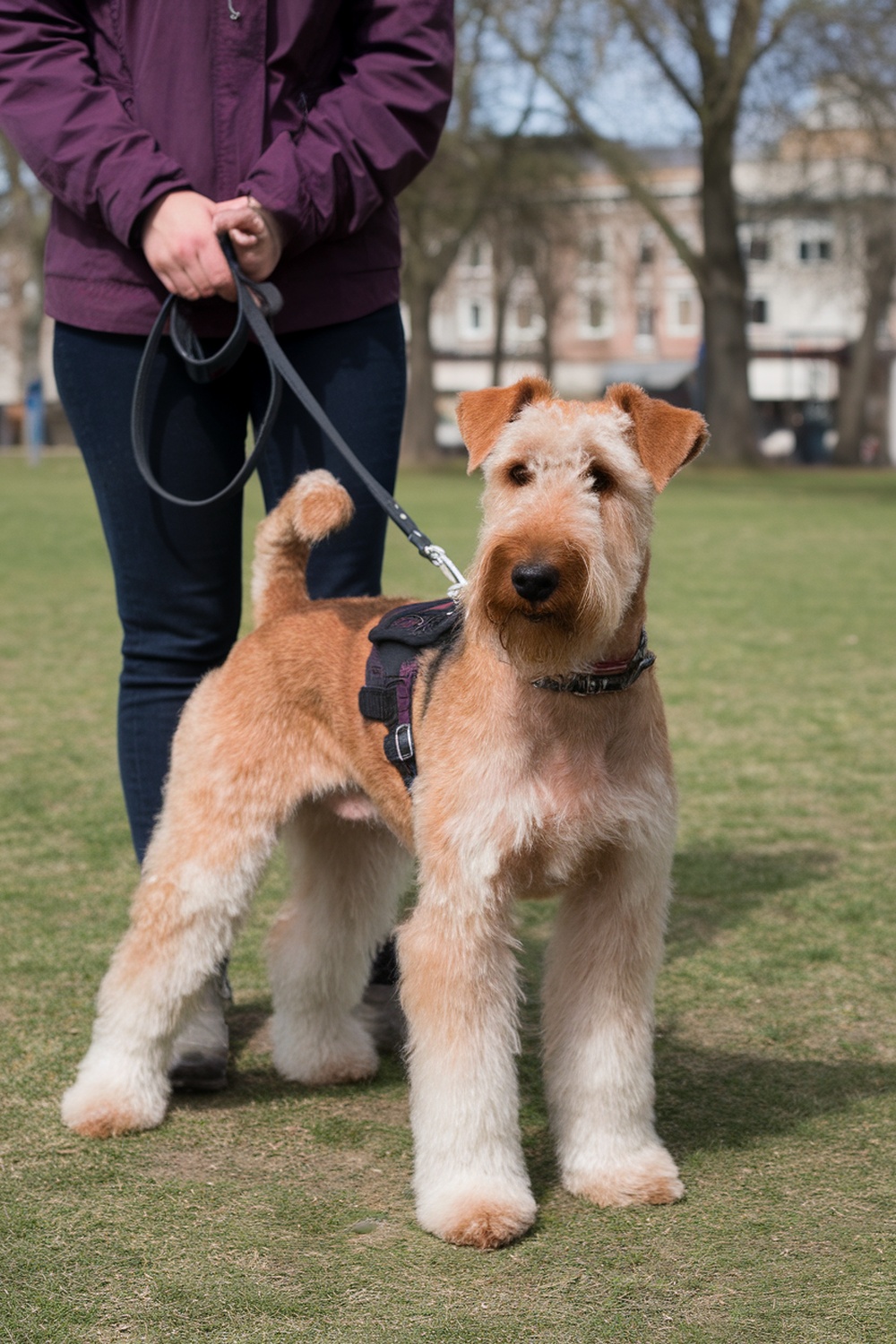 Airedale Terrier standing on grass with a person holding its leash.