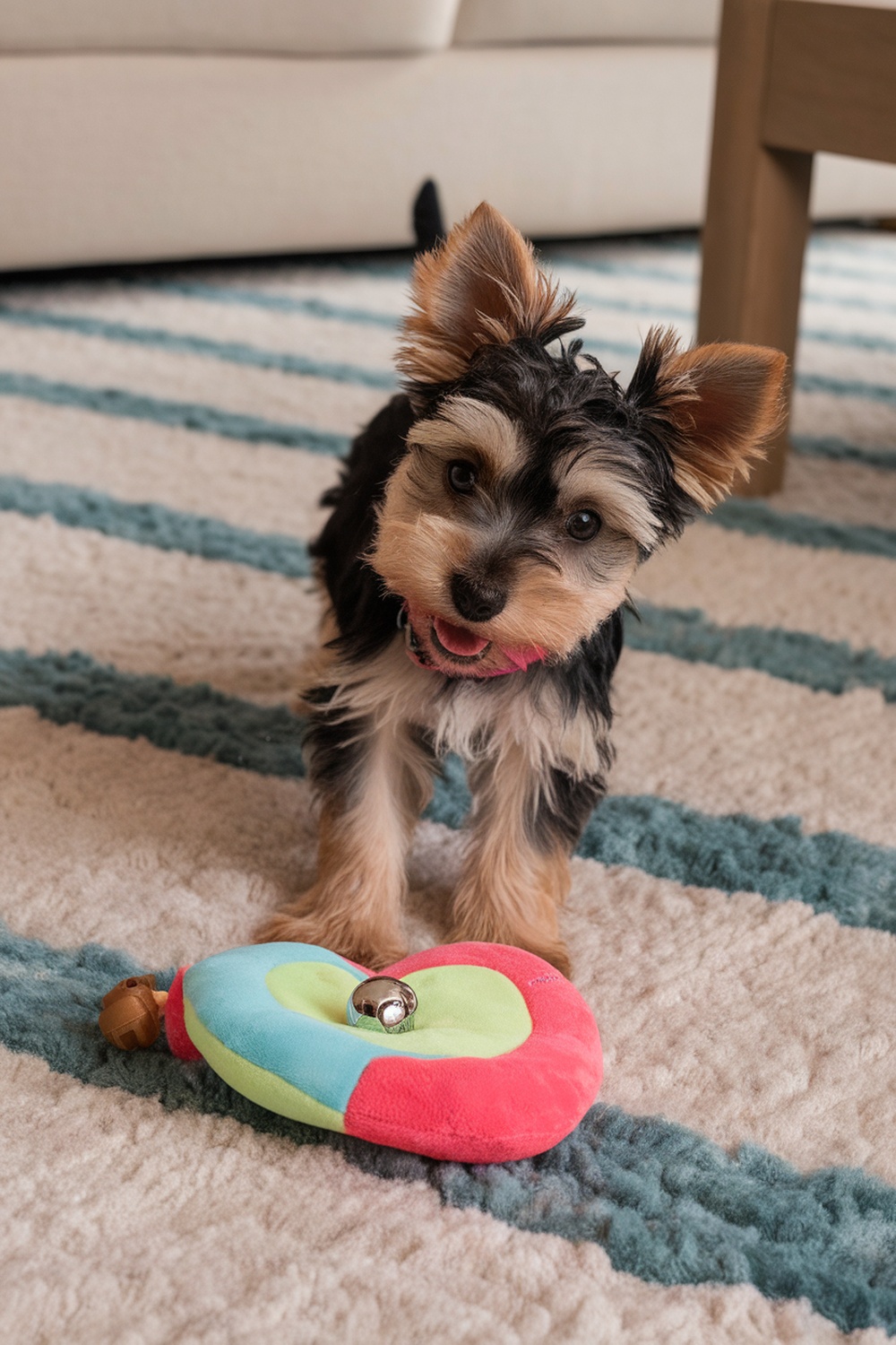 A playful Yorkie puppy with a colorful heart-shaped toy on a soft rug.