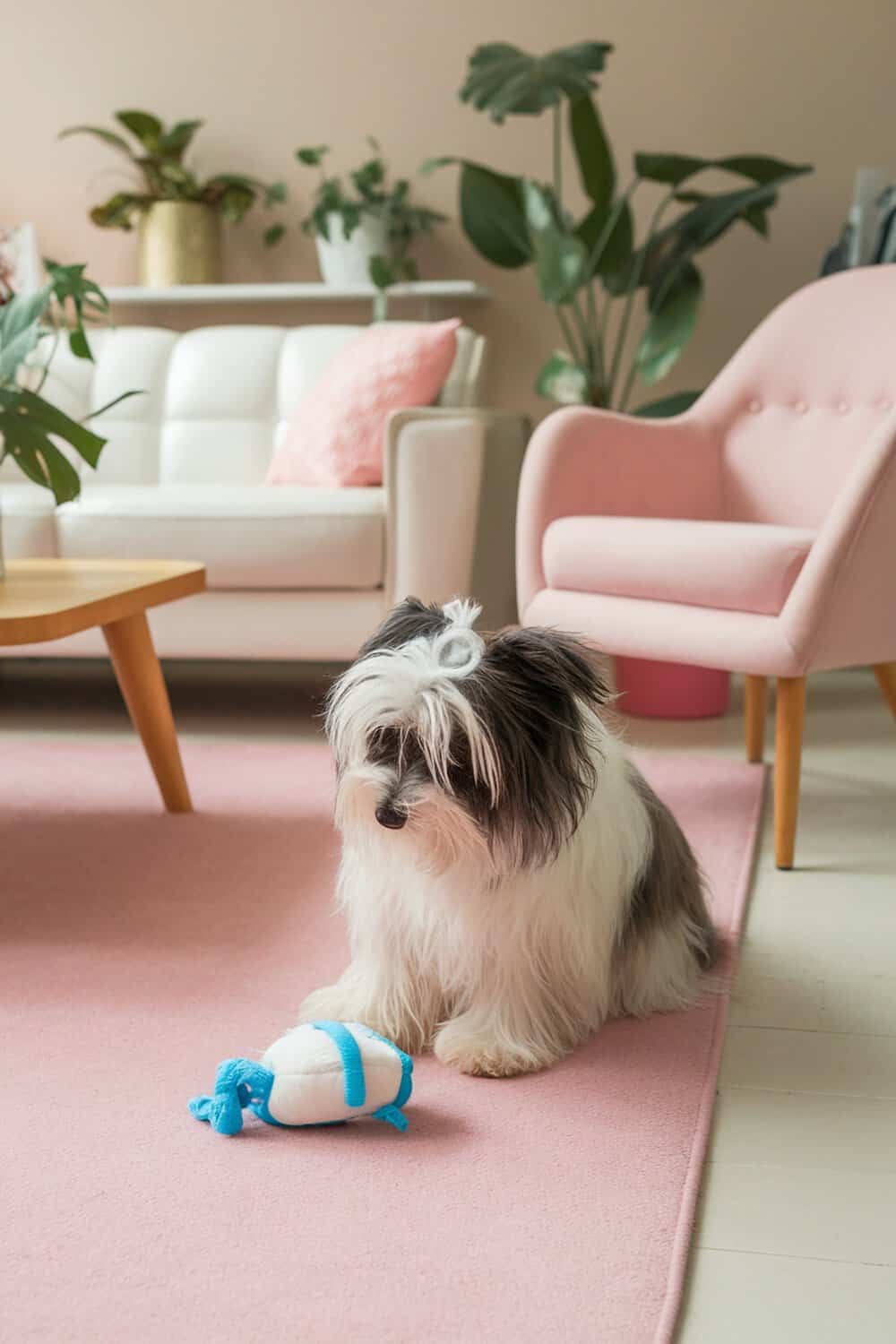A Coton de Tulear dog sitting on a pink rug with a toy.
